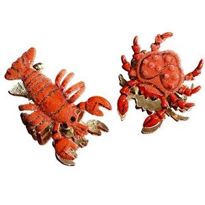 Red Lobster Crab Brooch Set Signed Korea Vintage Ocean Nautical Sea Marine